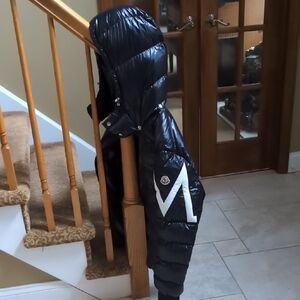 Moncler Shiny Black Puffer with White Emblem, size 4 XL